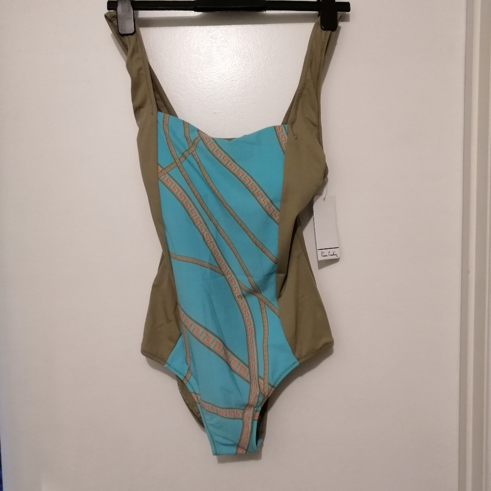 NWT Pierre Cardin Blue Orange Olive Greek Pattern One-Piece Swimsuit